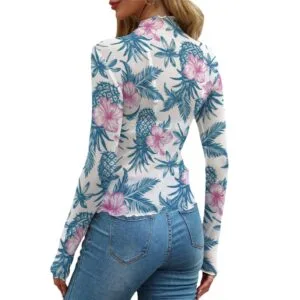 Women's long-sleeve sheer mesh top with blue-and-pink upside-down pineapple print