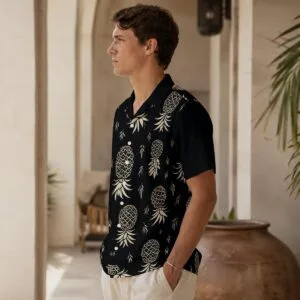 Men's black upside-down pineapple Hawaiian shirt, alternate view