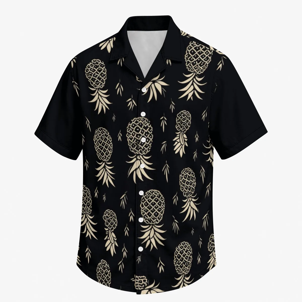 Black resort shirt with beige upside-down pineapple print