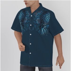 side view of back of midnight-floral-upside-down-pineapple-hawaiian-shirt