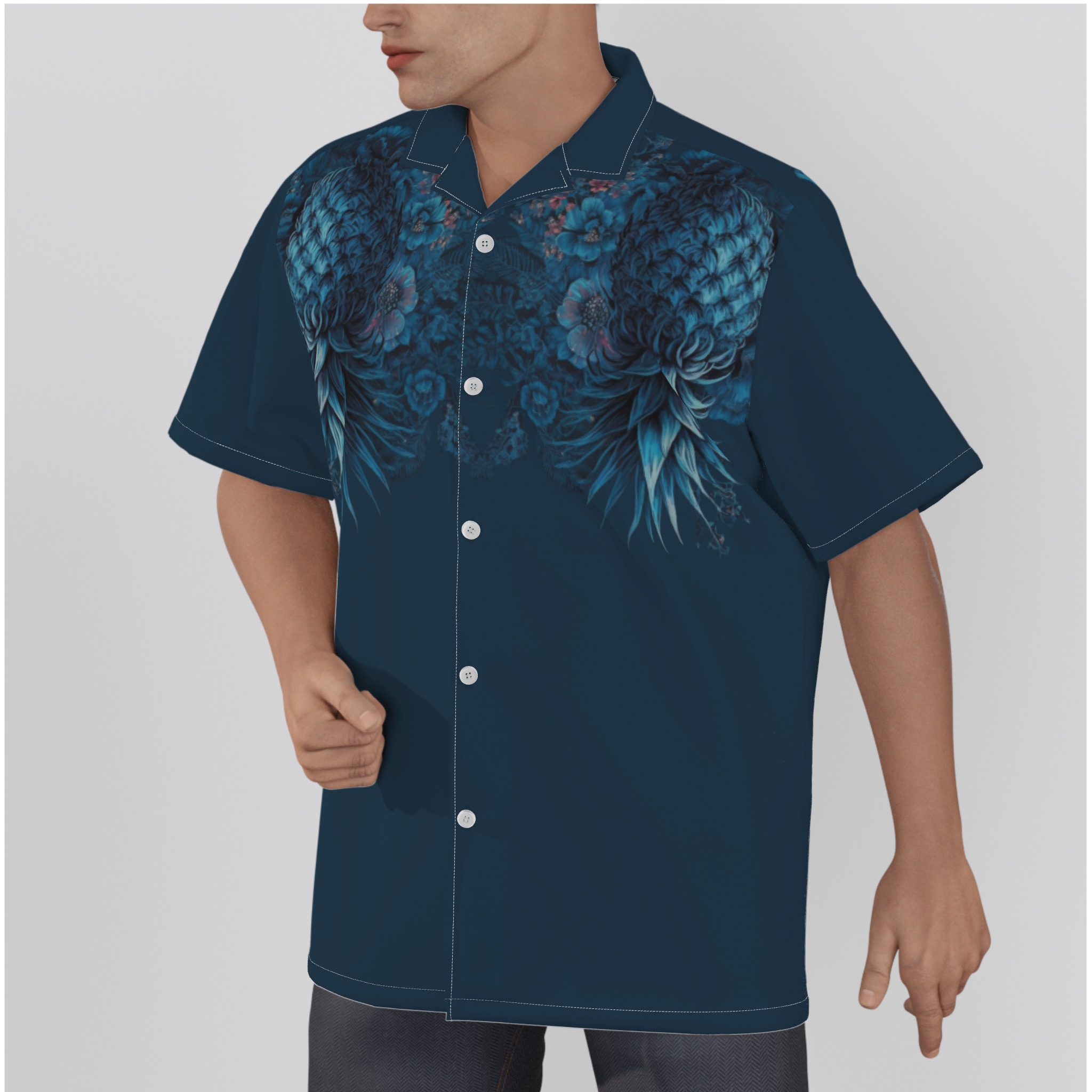 side view of back of midnight-floral-upside-down-pineapple-hawaiian-shirt