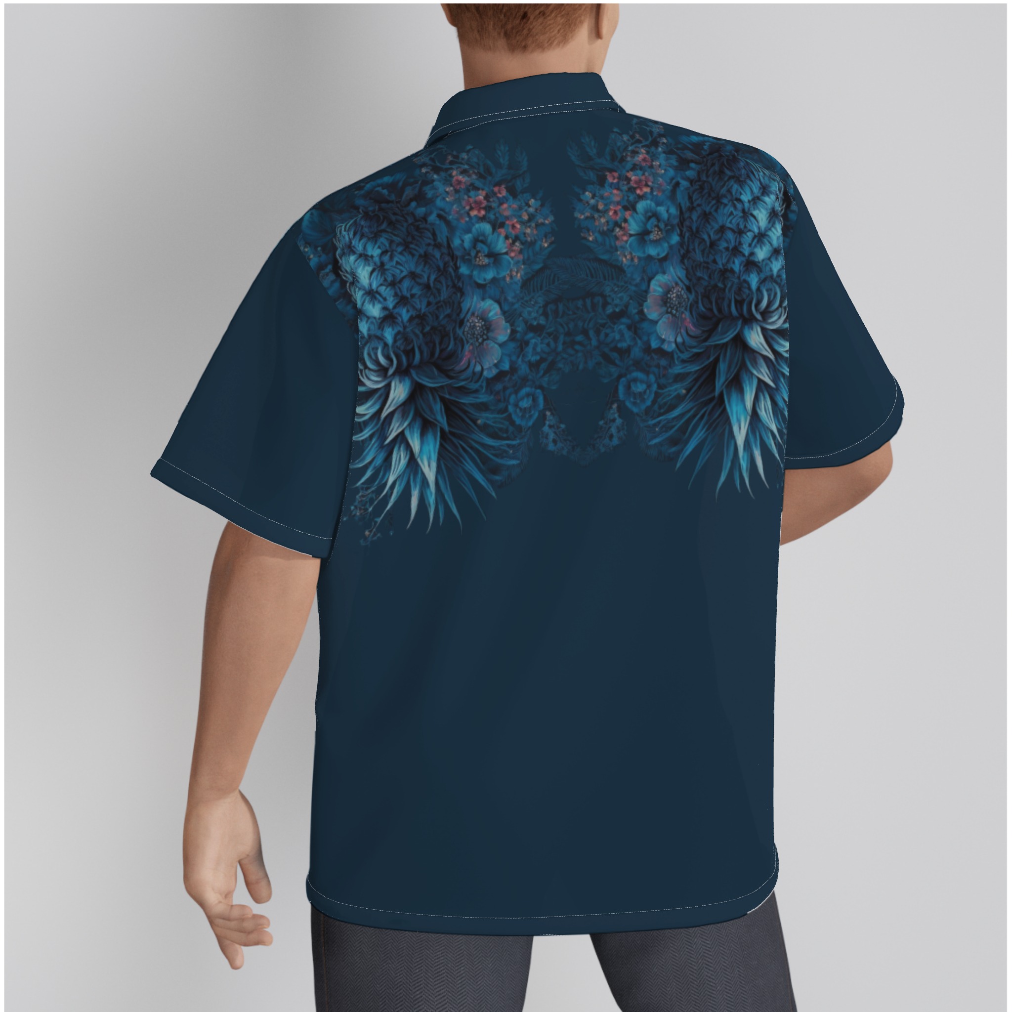 back of midnight-floral-upside-down-pineapple-hawaiian-shirt