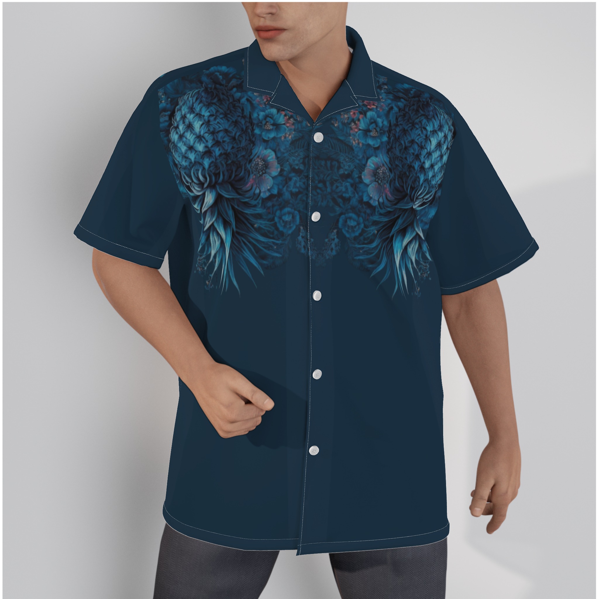 front view back of midnight-floral-upside-down-pineapple-hawaiian-shirt